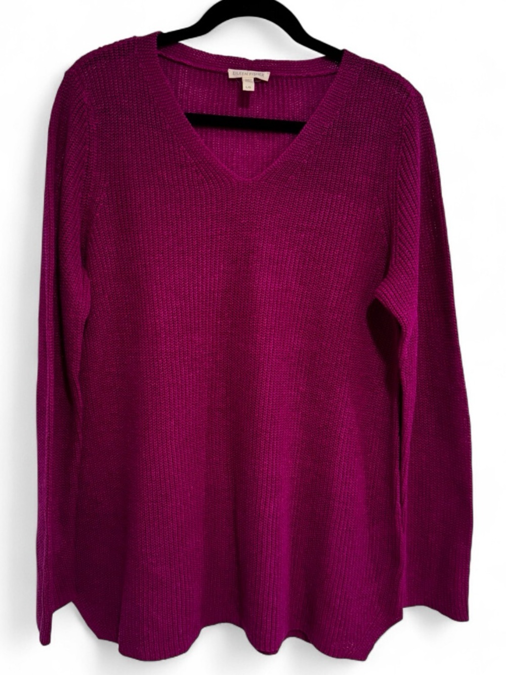 Eileen Fisher Organic Linen V-Neck Sweater Magenta Size L NWOT